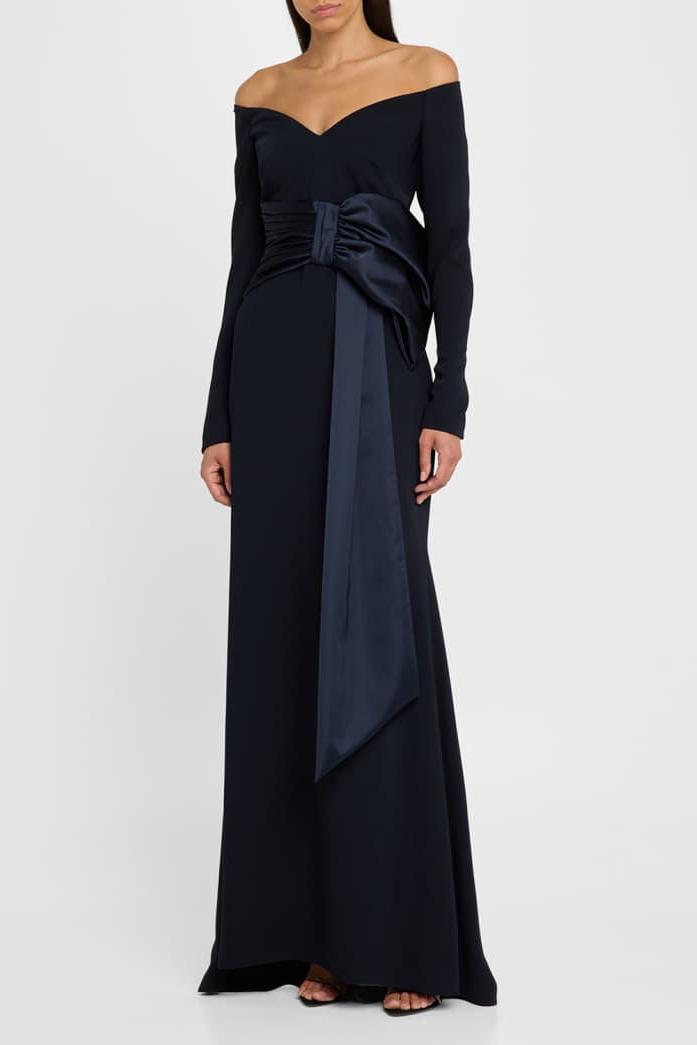 Solid Bow Long Sleeve Off-Shoulder Maxi Dress