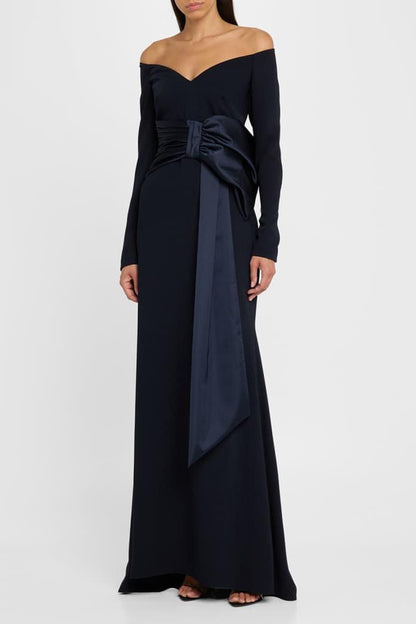 Solid Bow Long Sleeve Off-Shoulder Maxi Dress