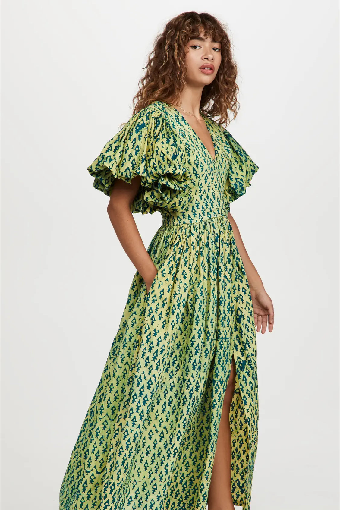 Printed Puff Sleeve V-Neck Slit Maxi Dress
