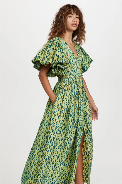Printed Puff Sleeve V-Neck Slit Maxi Dress