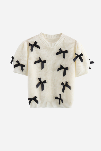 Bow Embellished Short Sleeve Sweater