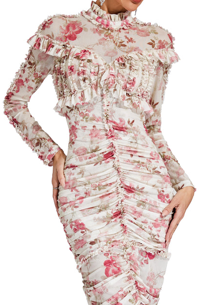 Gunter Pink Ruched Floral Long Sleeve Dress