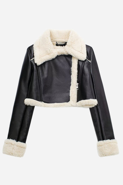 Lapel Cropped Faux Leather Jacket