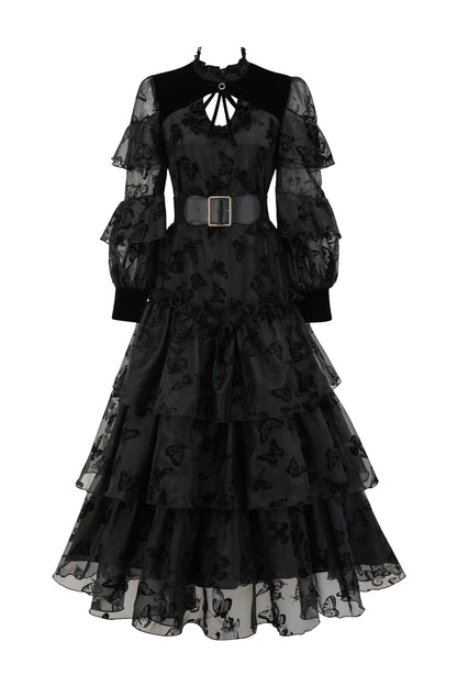 Marigold Black Belted Mesh Dress