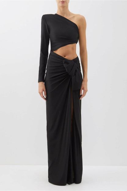 Slant Collar One Side Sleeve Dress Black