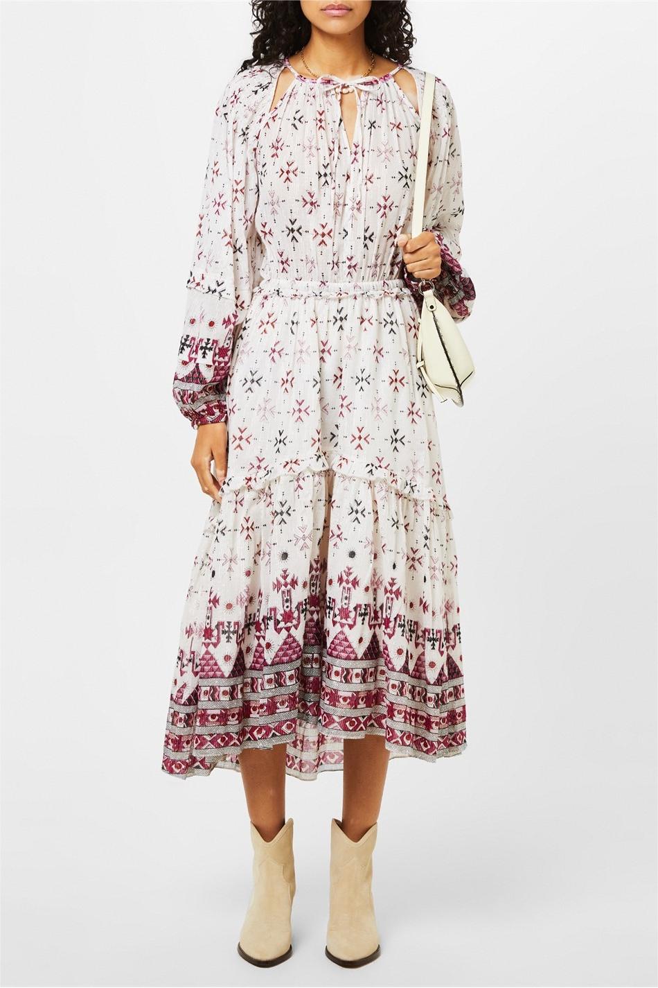Printed Lantern Sleeve Crew Collar Lace Up Midi Dress