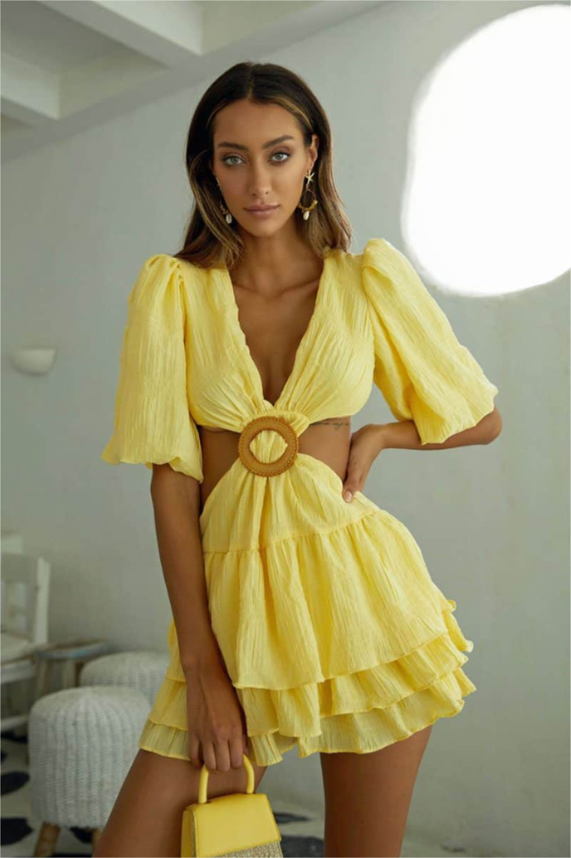 Lantern Short Sleeve V-Neck Waistless Mini Dress