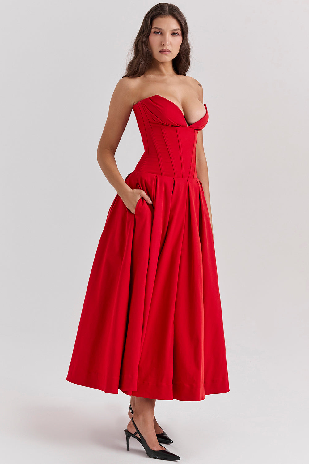 Solid Strapless Sweetheart Neck Midi Dress