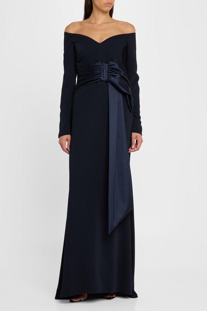 Solid Bow Long Sleeve Off-Shoulder Maxi Dress