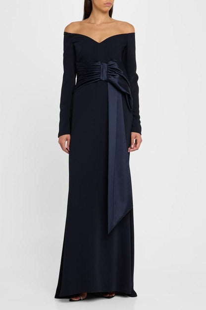 Solid Bow Long Sleeve Off-Shoulder Maxi Dress