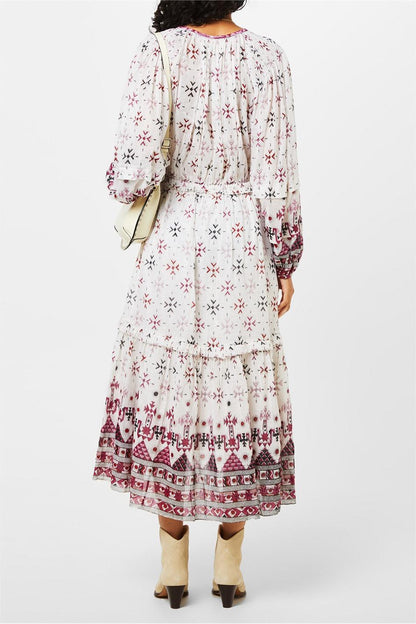 Printed Lantern Sleeve Crew Collar Lace Up Midi Dress