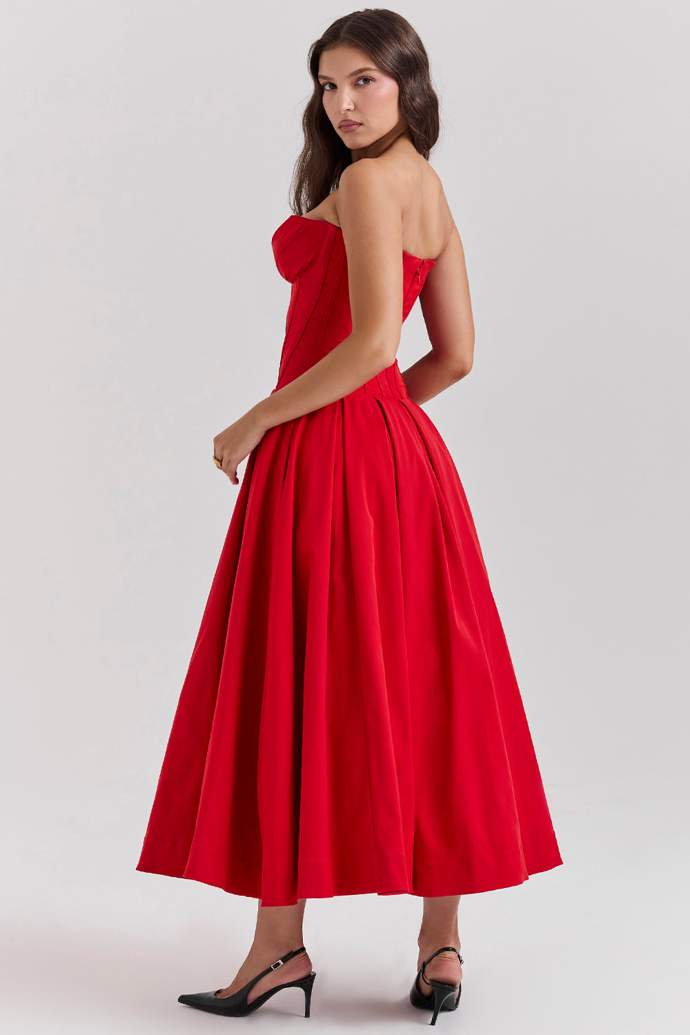 Solid Strapless Sweetheart Neck Midi Dress