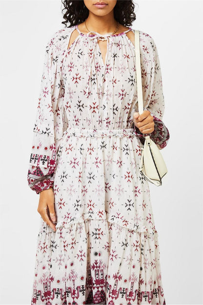 Printed Lantern Sleeve Crew Collar Lace Up Midi Dress
