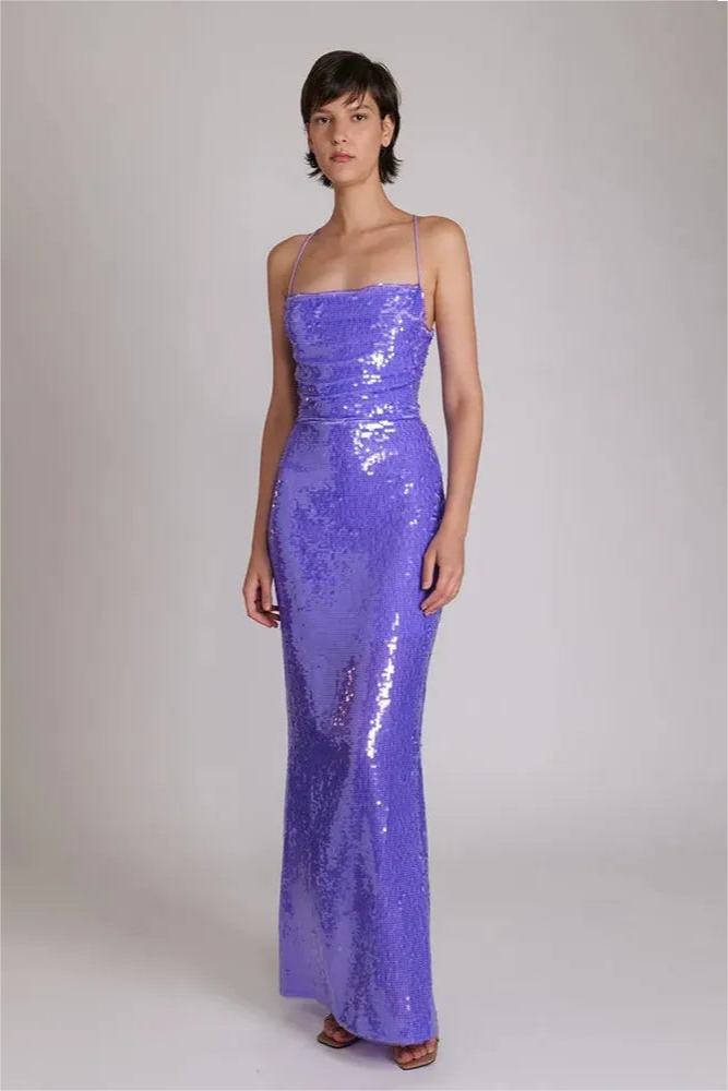 Square Collar Sequin Lace Up Tapered Waist Maxi Dress