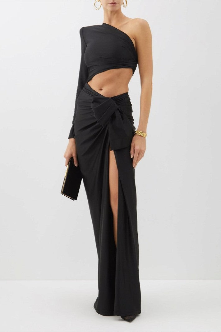 Slant Collar One Side Sleeve Dress Black