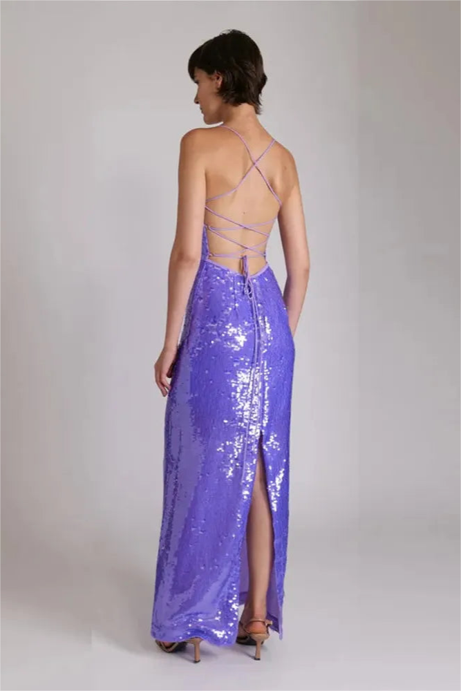 Square Collar Sequin Lace Up Tapered Waist Maxi Dress