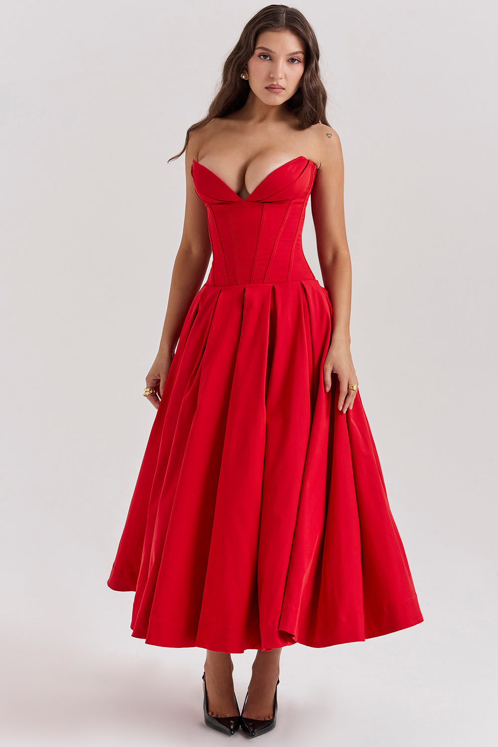 Solid Strapless Sweetheart Neck Midi Dress