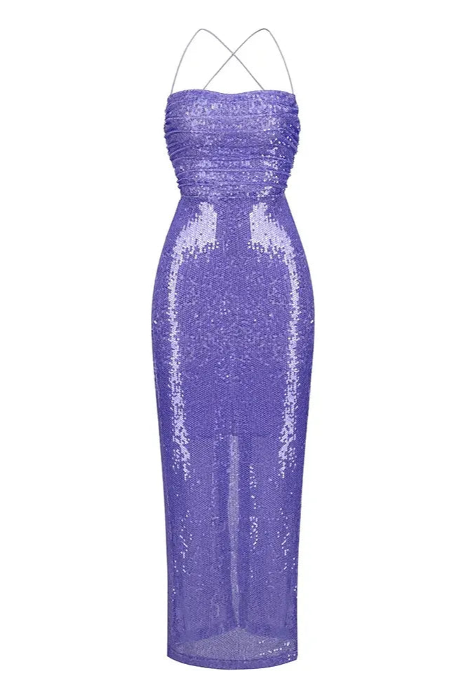 Square Collar Sequin Lace Up Tapered Waist Maxi Dress