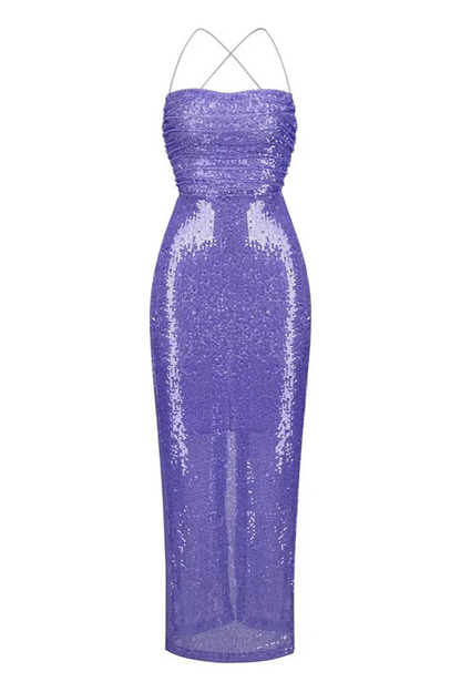 Square Collar Sequin Lace Up Tapered Waist Maxi Dress