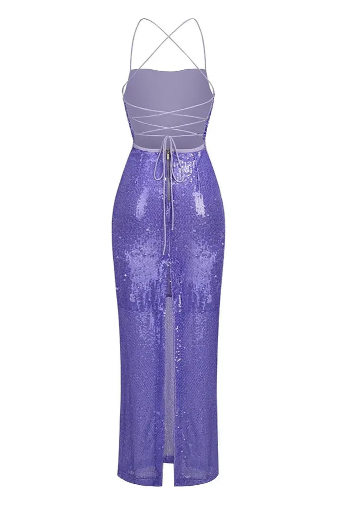 Square Collar Sequin Lace Up Tapered Waist Maxi Dress