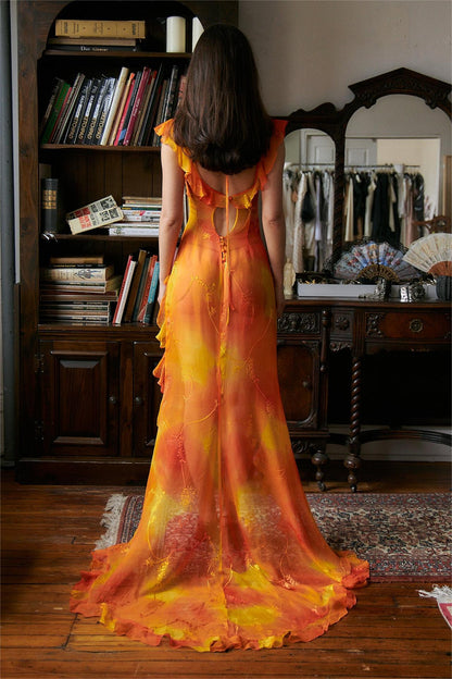 Sleeveless V-Neck Ruffle Hem Asymmetric Maxi Dress