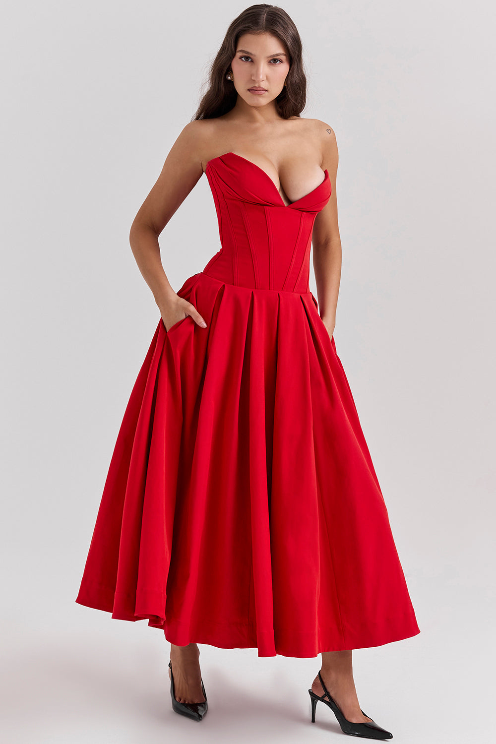 Solid Strapless Sweetheart Neck Midi Dress