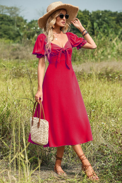 Puff Sleeve Bow Knot Midi Dress Red