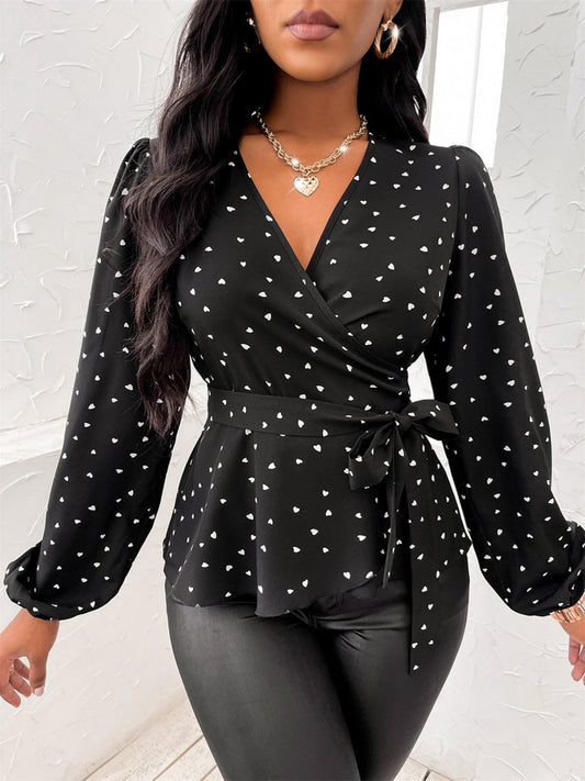 V-neck Heart-shaped Print Cross Neck Straps Blouse