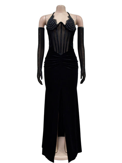 Lace And Velvet Patchwork Rhinestone-studded Evening Gown Mesh See-through Halter Neck Slit Maxi Dresses