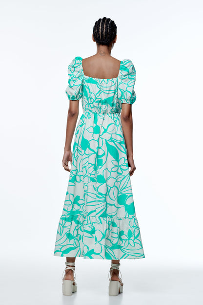 Floral Puff Sleeve V-Neck Large Hemline Maxi Dress