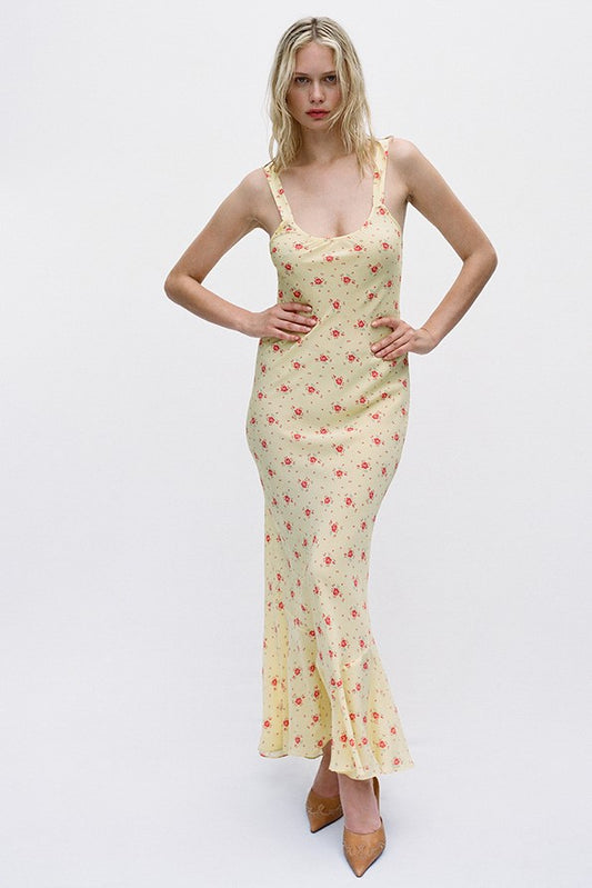 Floral U-Neck Sleeveless Fishtail Midi Dress