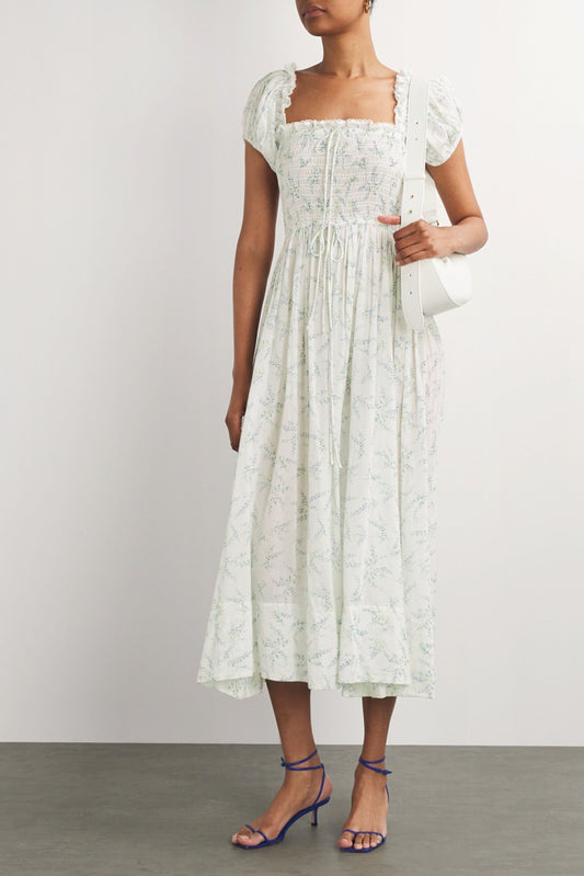 Floral Smocking Puff Sleeve Midi Dress