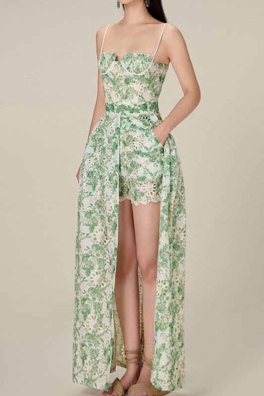 Lace Pleated Sleeveless Split Maxi Top ＆ Mid Waist Mini Pants Set