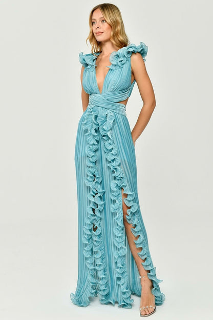 V-Neck Cut-Out Pleated Split Maxi Dress Green