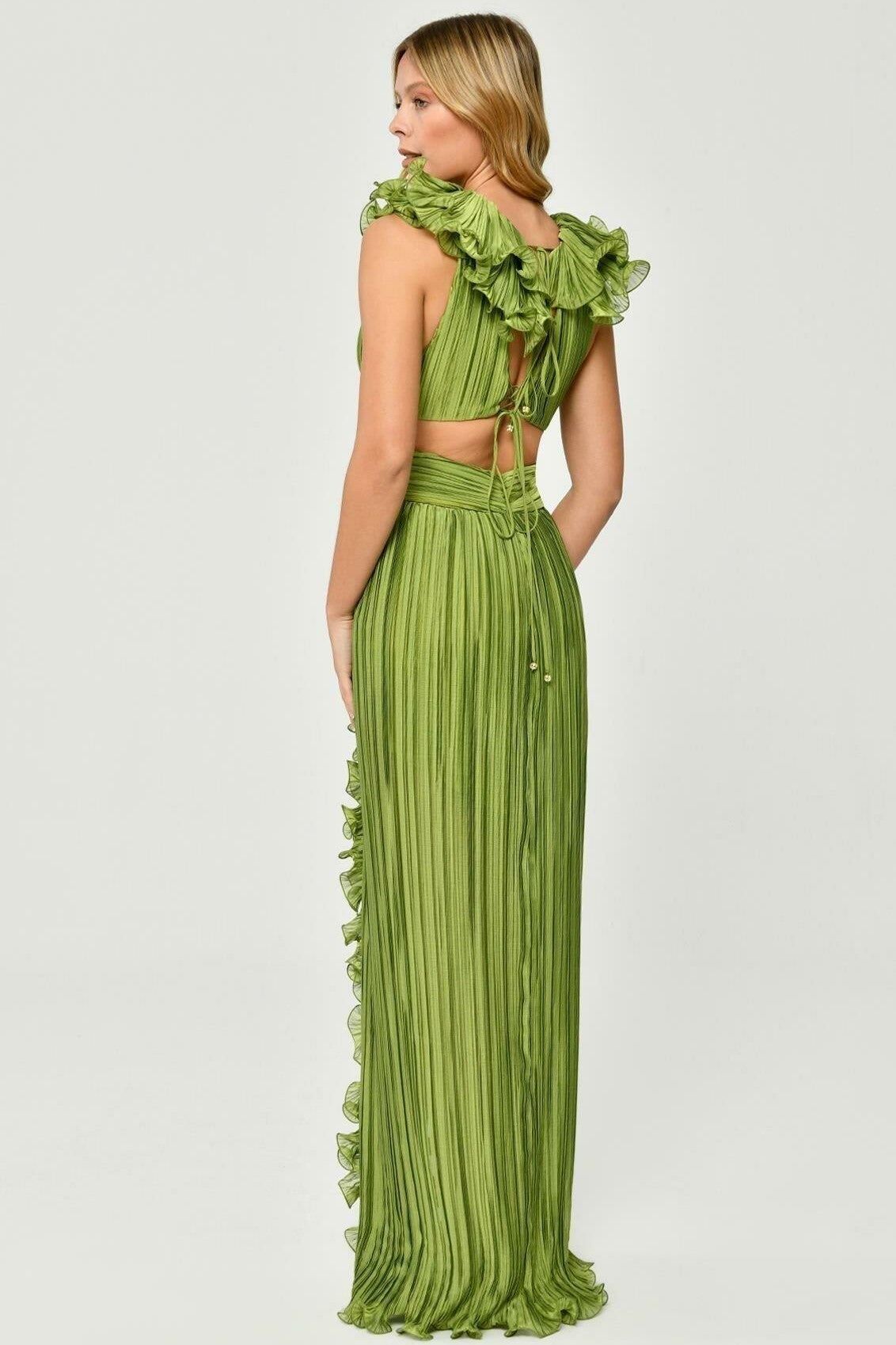 V-Neck Cut-Out Pleated Split Maxi Dress Green
