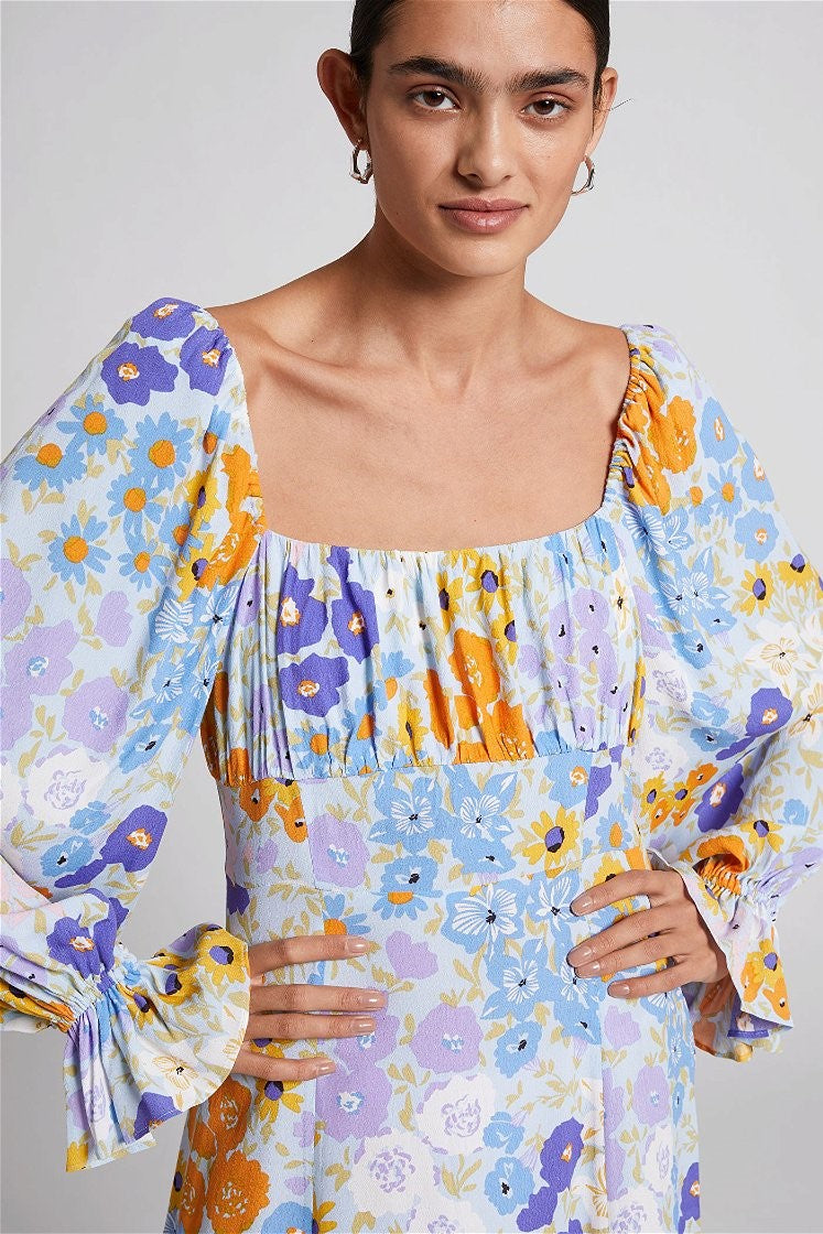 Floral Puff Sleeve Split Midi Dress