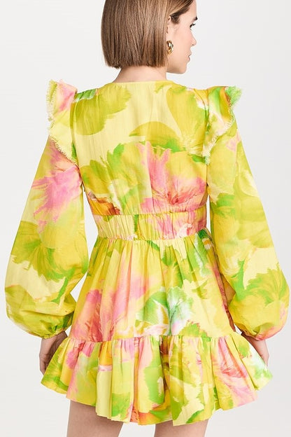 Floral V-Neck Frill Lantern Sleeve Mini Dress