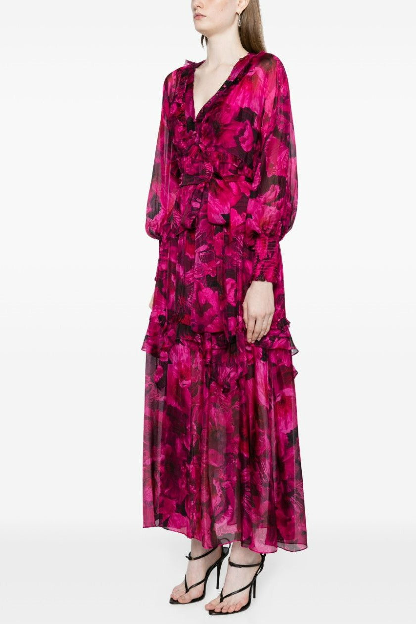 Floral Ruffle Lantern Sleeve Midi Dress