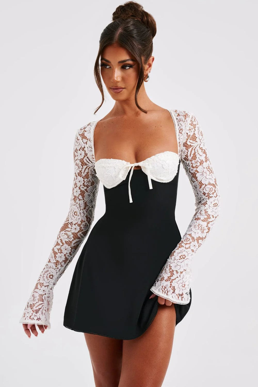 Lace Sweetheart Neck Lace Up Mini Dress