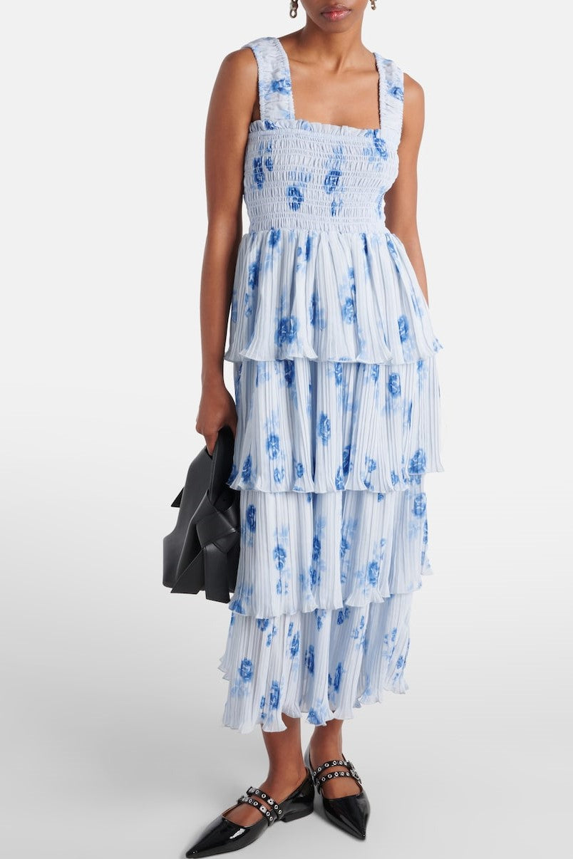 Floral Off-Shoulder Frill Smocking Midi Dress