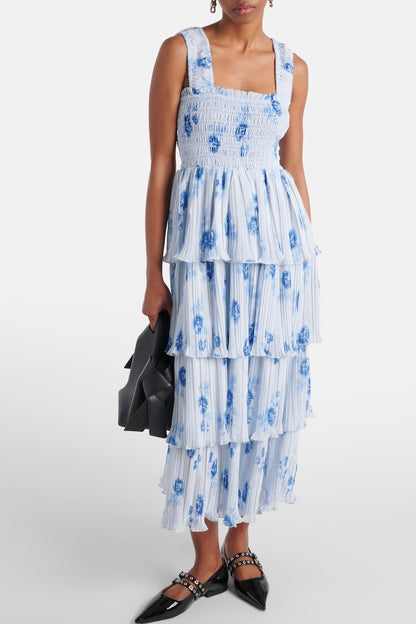 Floral Off-Shoulder Frill Smocking Midi Dress