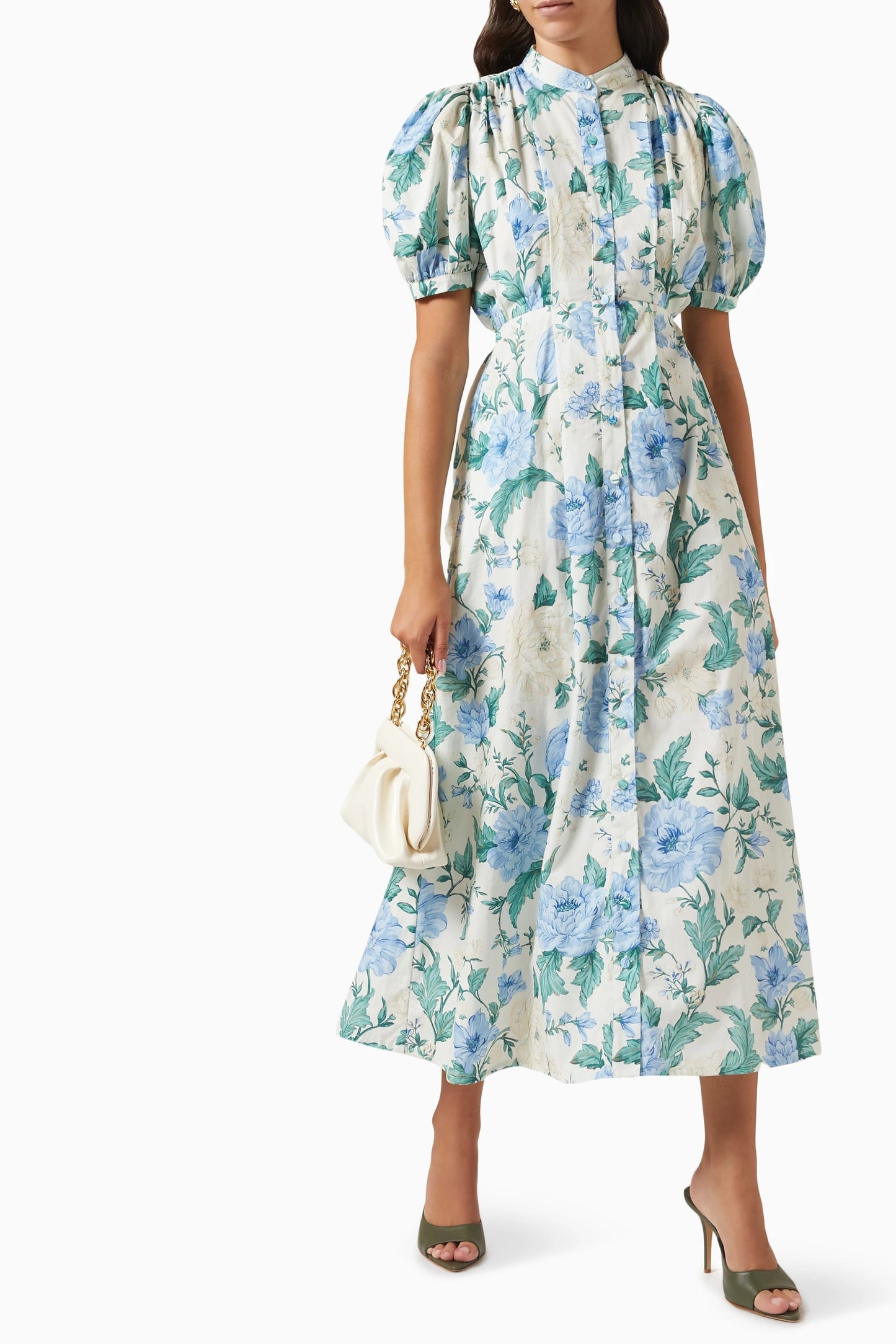 Floral Single Breasted Puff-Sleeve Midi Dress With Belt