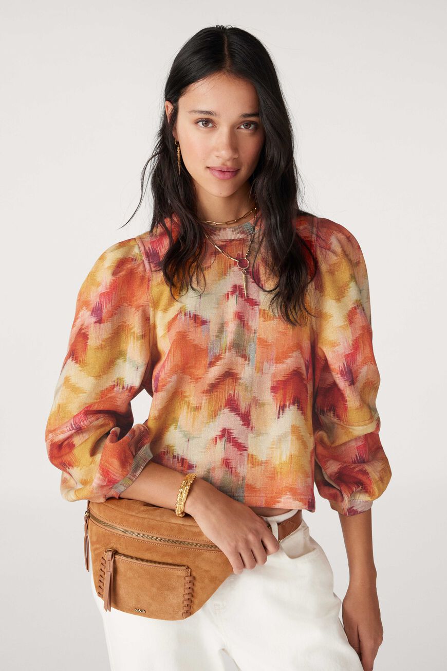 Iridescent Lantern Sleeve Crew Collar Long Sleeves Stripe