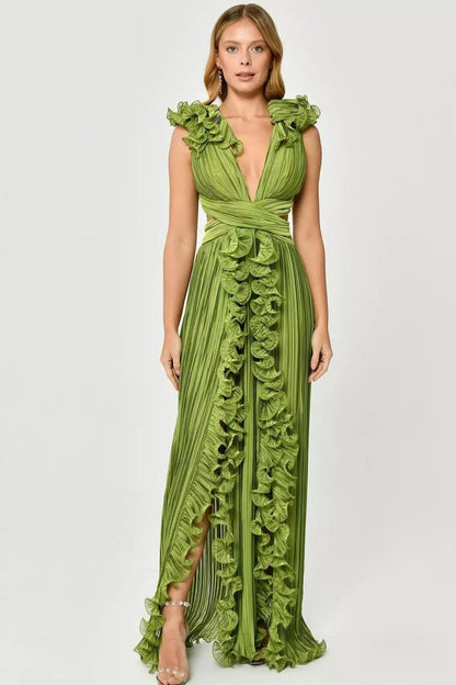 V-Neck Cut-Out Pleated Split Maxi Dress Green