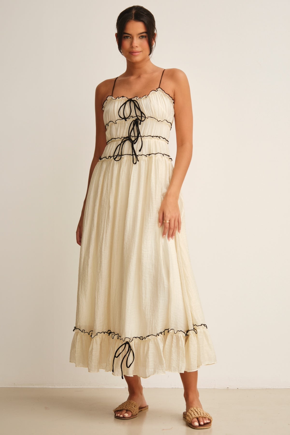 Frill Lace Up Sleeveless Midi Dress