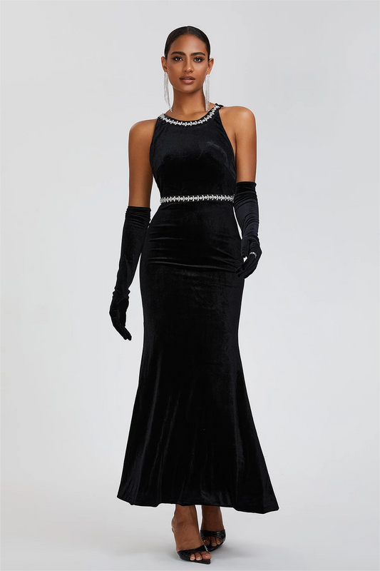 Velvet Bow Halter Backless Maxi Dress