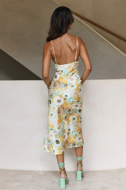 Floral Printed V-Neck Slit Cami Midi Dress
