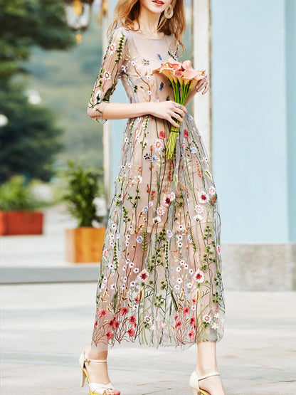Sheer Garden Mini Dress Flower Embroidered