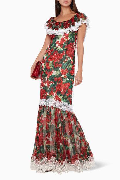 Lace Floral Frill Round Neck Midi Dress
