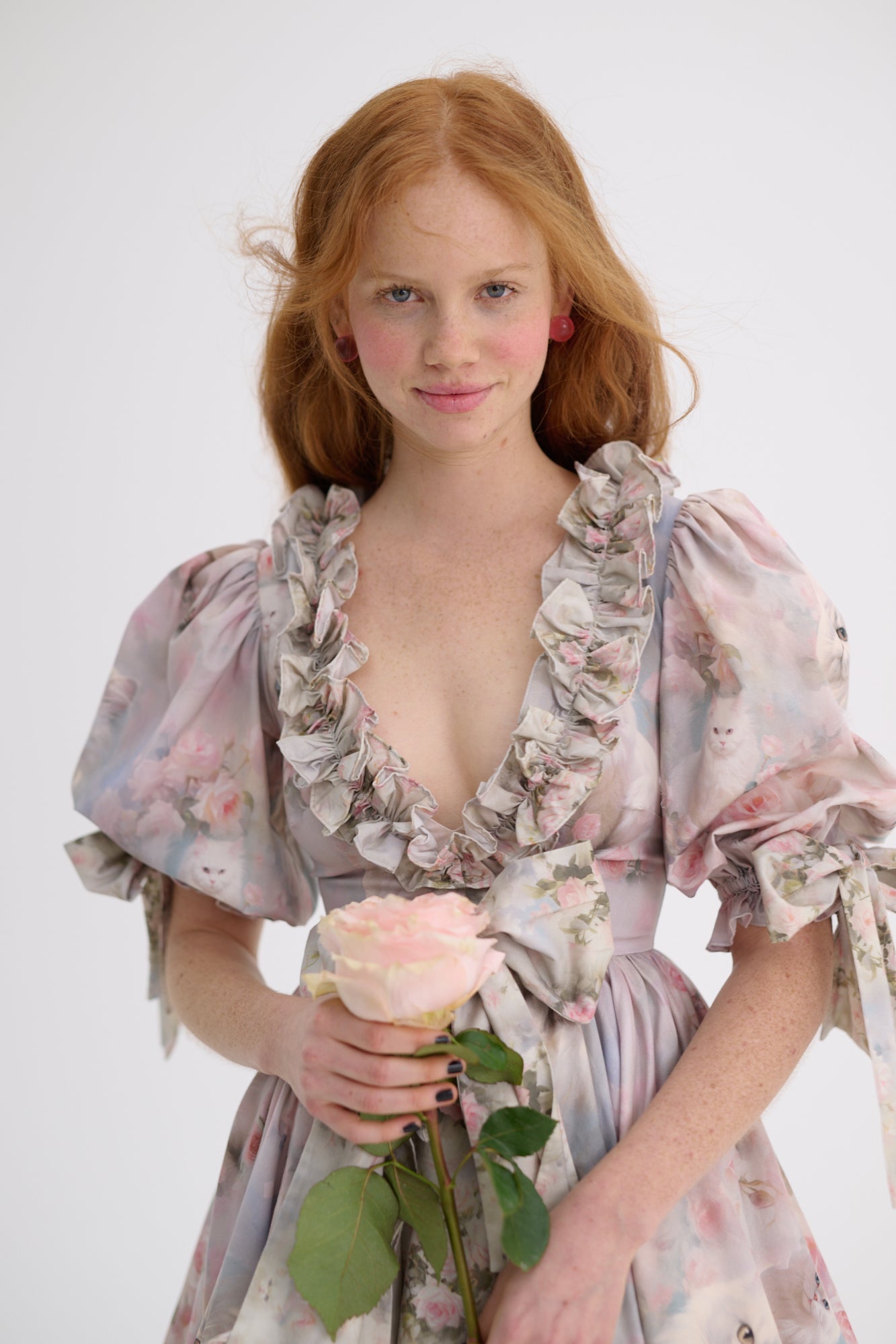 Floral Frill V-Neck Puff Sleeve Mini Dress